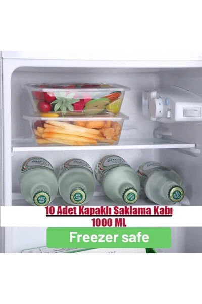 10 Adet Kapaklı Derin Dondurucuya Mikrodalgaya Uygun Sızdırmaz Saklama Kabı 1 Litre-Şeffaf - CANBAY STORE (1)