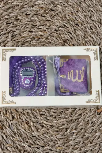 10 Adet Taşlı Zikirmatik TesbiModazoneatik Kadife Kaplı Mini Kuran 99lu İnci Tesbih Seti - Mor - 4