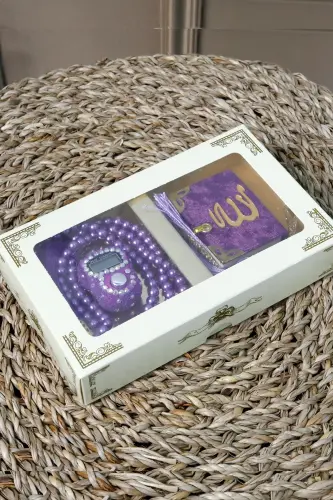 10 Adet Taşlı Zikirmatik TesbiModazoneatik Kadife Kaplı Mini Kuran 99lu İnci Tesbih Seti - Mor - 5