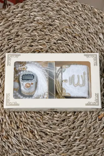10 Adet - Taşlı Zikirmatik TesbiModazoneatik Kadife Kaplı Mini Kuran 99lu İnci Tesbih Seti - Beyaz - 6