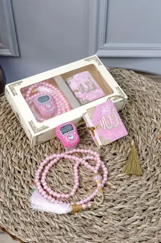 10 Adet - Taşlı Zikirmatik TesbiModazoneatik Kadife Kaplı Mini Kuran 99lu İnci Tesbih Seti-Pembe - 1