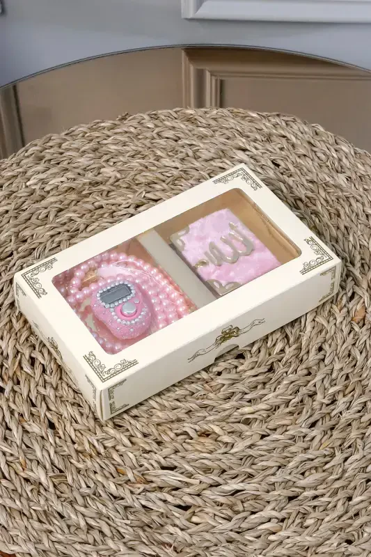 10 Adet - Taşlı Zikirmatik TesbiModazoneatik Kadife Kaplı Mini Kuran 99lu İnci Tesbih Seti-Pembe - 4