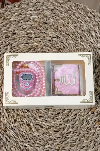 10 Adet - Taşlı Zikirmatik TesbiModazoneatik Kadife Kaplı Mini Kuran 99lu İnci Tesbih Seti-Pembe - 5