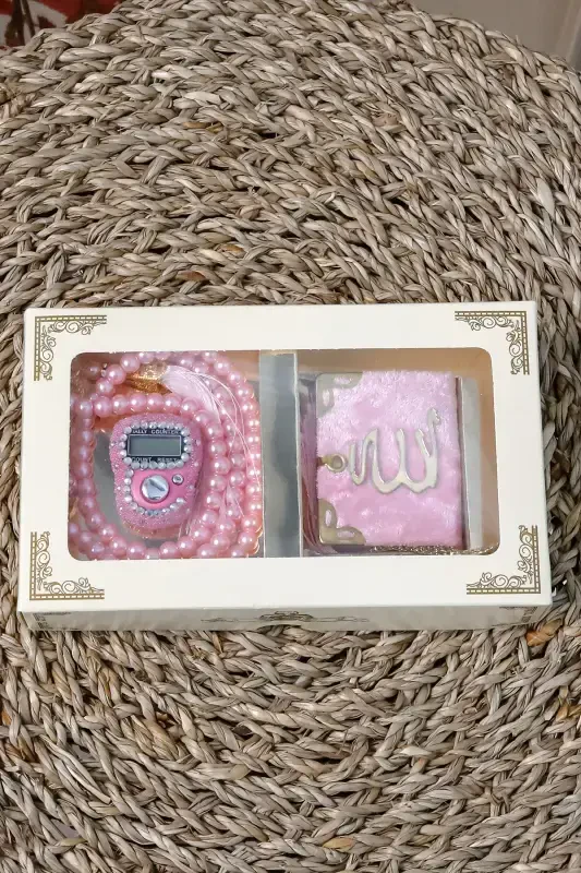 10 Adet - Taşlı Zikirmatik TesbiModazoneatik Kadife Kaplı Mini Kuran 99lu İnci Tesbih Seti-Pembe - 5
