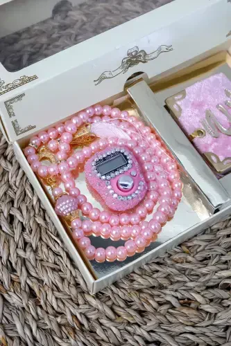 10 Adet - Taşlı Zikirmatik TesbiModazoneatik Kadife Kaplı Mini Kuran 99lu İnci Tesbih Seti-Pembe - 6