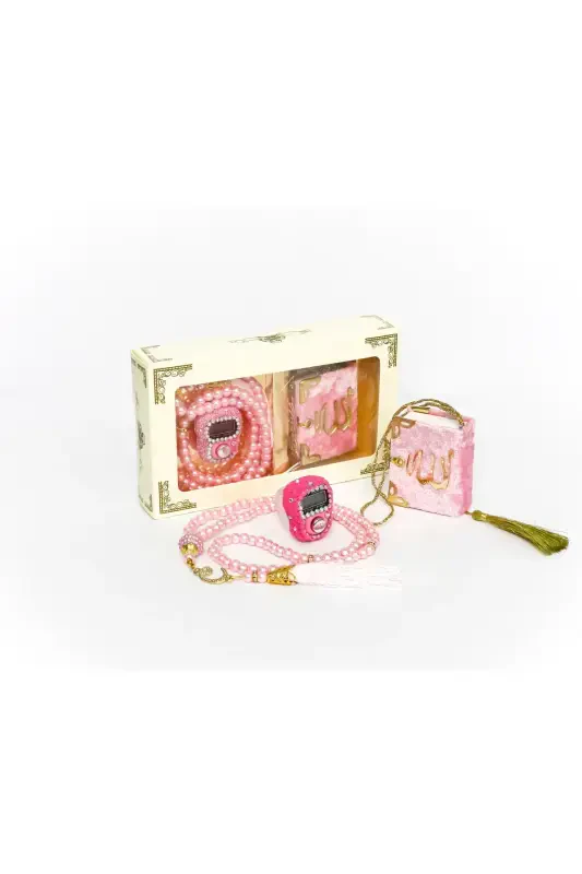 10 Adet - Taşlı Zikirmatik TesbiModazoneatik Kadife Kaplı Mini Kuran 99lu İnci Tesbih Seti-Pembe - 8