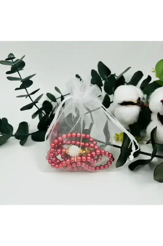 10 Burgundy Favor Tulle Pouches Pearl Rosary (MEVLID-HAJJ-UMRAH-CIRCUMCISION)-BURGUNDY - 1