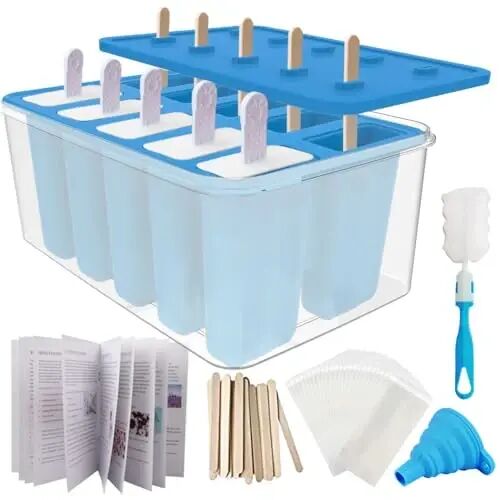 10-Cav Popsicle Molds, Silicone Ice Pop Mold for DIY Frozen Treats | with 10 Reusable Sticks, 50 Wooden Sticks, 50 Storage Bags, Funnel, Brush, Recipe, Bin, Make Healthy Pops, Smoothies, Juice - Miaowoof