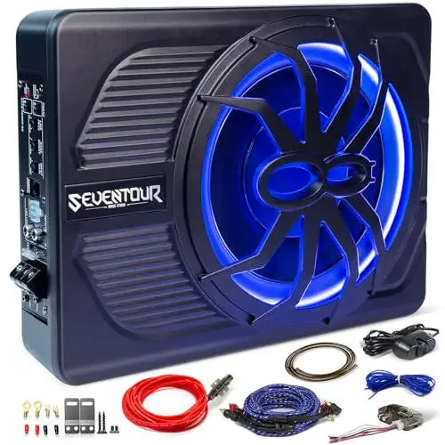 10-дюймовый модернизированный 800-ваттный тонкий автомобильный сабвуфер под сиденье, автомобильный/грузовой аудиосабвуфер со встроенным усилителем, комплект с синей светодиодной подсветкой (сабвуфер + установочный комплект проводов) - 1