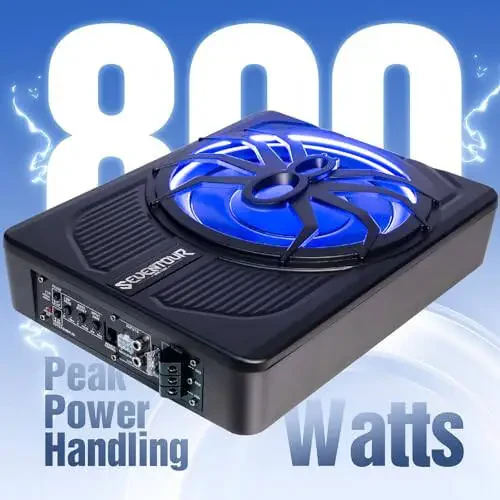 10-дюймовый модернизированный 800-ваттный тонкий автомобильный сабвуфер под сиденье, автомобильный/грузовой аудиосабвуфер со встроенным усилителем, комплект с синей светодиодной подсветкой (сабвуфер + установочный комплект проводов) - 2