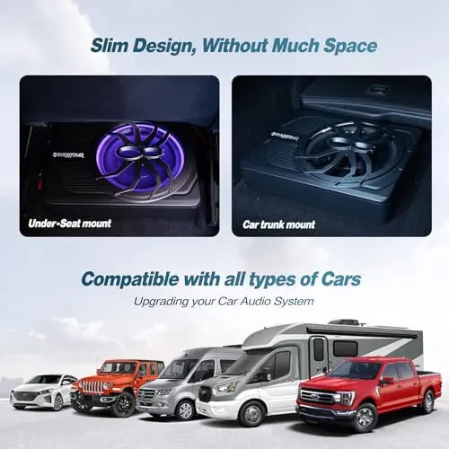 10-дюймовый модернизированный 800-ваттный тонкий автомобильный сабвуфер под сиденье, автомобильный/грузовой аудиосабвуфер со встроенным усилителем, комплект с синей светодиодной подсветкой (сабвуфер + установочный комплект проводов) - 4