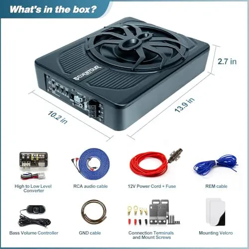 10-дюймовый модернизированный 800-ваттный тонкий автомобильный сабвуфер под сиденье, автомобильный/грузовой аудиосабвуфер со встроенным усилителем, комплект с синей светодиодной подсветкой (сабвуфер + установочный комплект проводов) - 5