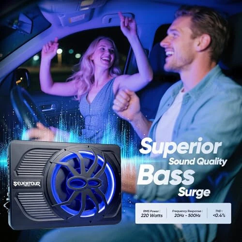 10-дюймовый модернизированный 800-ваттный тонкий автомобильный сабвуфер под сиденье, автомобильный/грузовой аудиосабвуфер со встроенным усилителем, с синей светодиодной подсветкой (RGB светодиодный сабвуфер + комплект установочных проводов) 