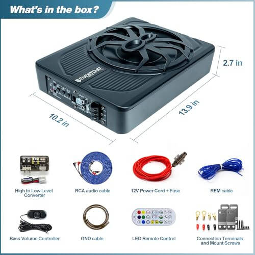 10-дюймовый модернизированный 800-ваттный тонкий автомобильный сабвуфер под сиденье, автомобильный/грузовой аудиосабвуфер со встроенным усилителем, с синей светодиодной подсветкой (RGB светодиодный сабвуфер + комплект установочных проводов) - 6