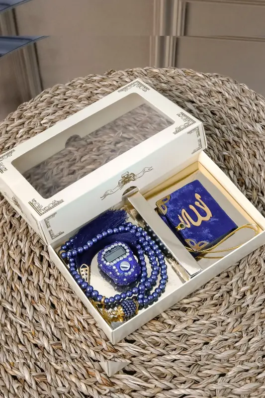 10 Don - Toshli Zikirmatik Tesbeh Modazoneatik Baxmal Bilan Qoplangan Mini Qur'on 99 li Marvarid Tesbeh To'plami - To'q Ko'k - 2