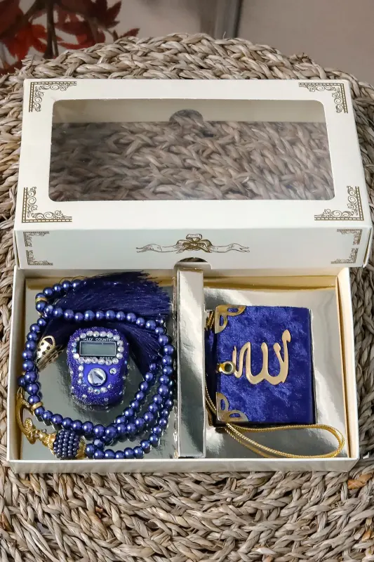 10 Don - Toshli Zikirmatik Tesbeh Modazoneatik Baxmal Bilan Qoplangan Mini Qur'on 99 li Marvarid Tesbeh To'plami - To'q Ko'k - 3