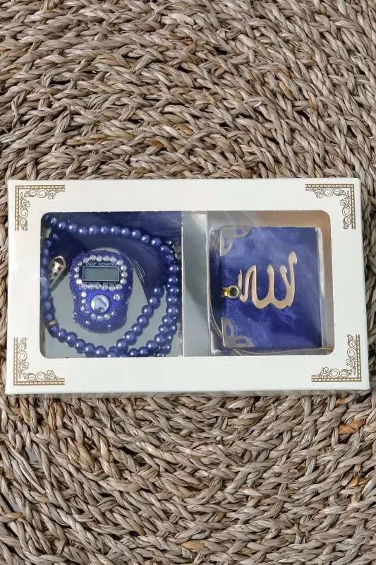 10 Don - Toshli Zikirmatik Tesbeh Modazoneatik Baxmal Bilan Qoplangan Mini Qur'on 99 li Marvarid Tesbeh To'plami - To'q Ko'k - 4