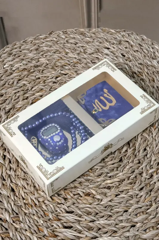 10 Don - Toshli Zikirmatik Tesbeh Modazoneatik Baxmal Bilan Qoplangan Mini Qur'on 99 li Marvarid Tesbeh To'plami - To'q Ko'k - 5