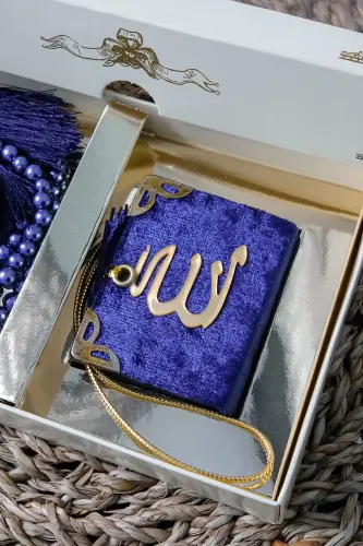 10 Don - Toshli Zikirmatik Tesbeh Modazoneatik Baxmal Bilan Qoplangan Mini Qur'on 99 li Marvarid Tesbeh To'plami - To'q Ko'k - 7