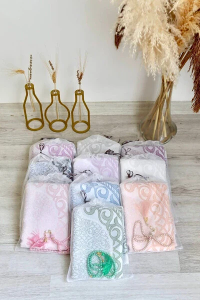 10 dona aralash rangli paxta namoz gilamlari bilan marjon donali to`plam (Hajj, Umra, Mavlid sovg`asi) - BILEN HEDIYELIK (1)