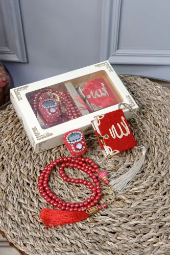 10 Dona Toshli Zikrmatig Tasbehi Modazoneatik Kadife Qoplangan Mini Qur'on 99 li Marvarid Tasbeh To'plami - Qizil 