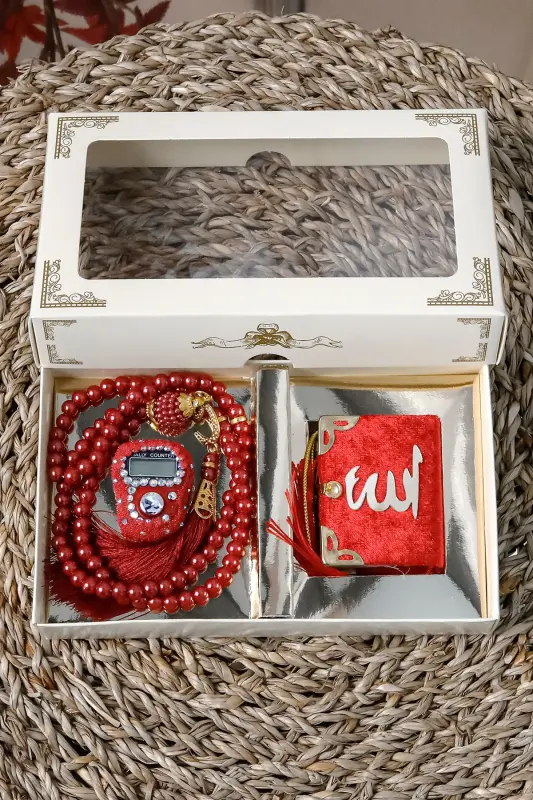 10 Dona Toshli Zikrmatig Tasbehi Modazoneatik Kadife Qoplangan Mini Qur'on 99 li Marvarid Tasbeh To'plami - Qizil - 3