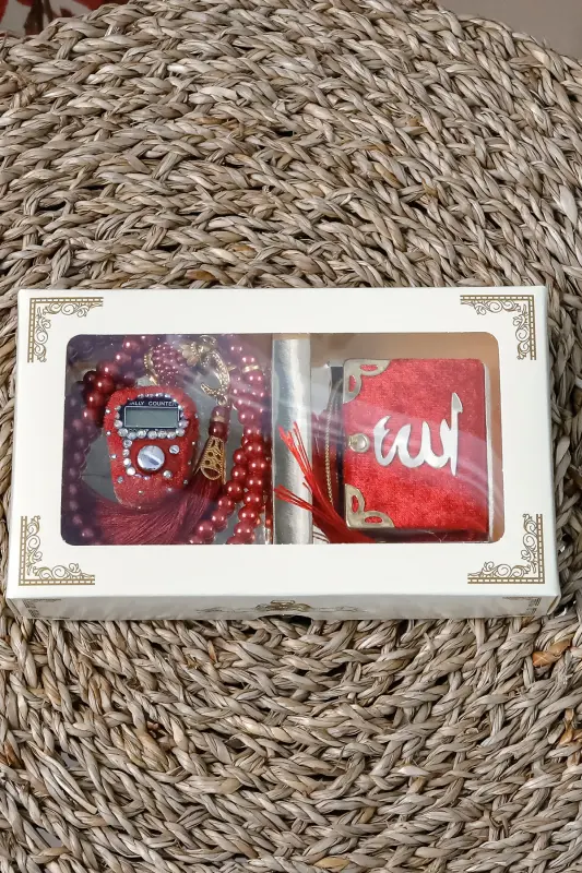 10 Dona Toshli Zikrmatig Tasbehi Modazoneatik Kadife Qoplangan Mini Qur'on 99 li Marvarid Tasbeh To'plami - Qizil - 4