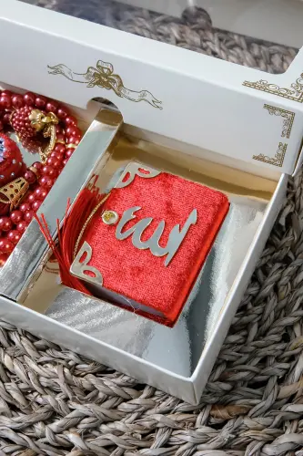 10 Dona Toshli Zikrmatig Tasbehi Modazoneatik Kadife Qoplangan Mini Qur'on 99 li Marvarid Tasbeh To'plami - Qizil - 7