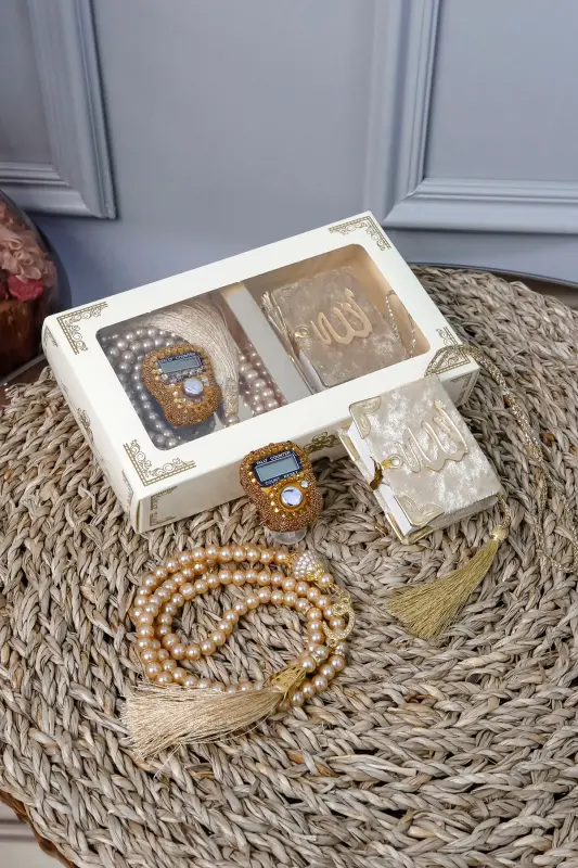 10 dona - Toshli Zikrmatik TasbihModazoneatik Kadife qopli Mini Qur'on 99 lu İnci Tasbih Seti-Gold - 1