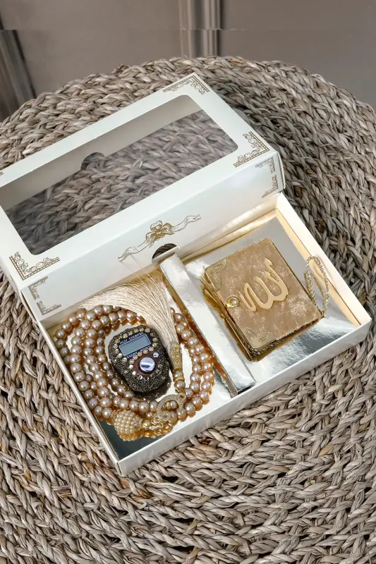 10 dona - Toshli Zikrmatik TasbihModazoneatik Kadife qopli Mini Qur'on 99 lu İnci Tasbih Seti-Gold - 2