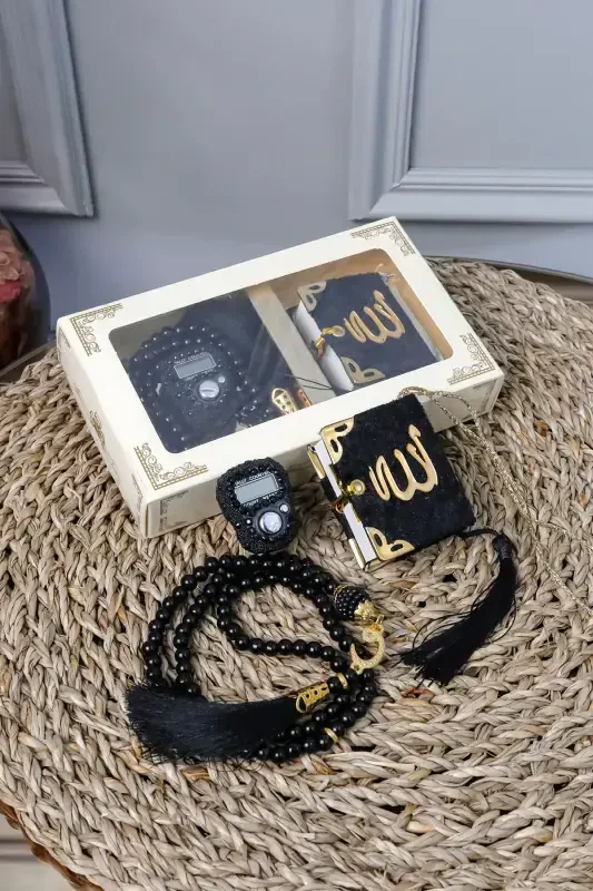 10 dona - Toshli Zikrmatik TasbiModazoneatik Baxmal bilan qoplangan Mini Qur'on 99 dona Marvarid Tasbih to'plami-Qora - HAC UMRE HEDIYELIK