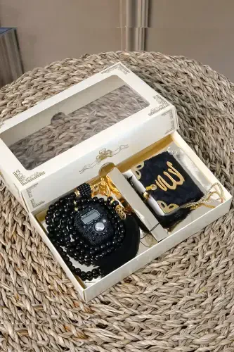 10 dona - Toshli Zikrmatik TasbiModazoneatik Baxmal bilan qoplangan Mini Qur'on 99 dona Marvarid Tasbih to'plami-Qora - HAC UMRE HEDIYELIK (1)