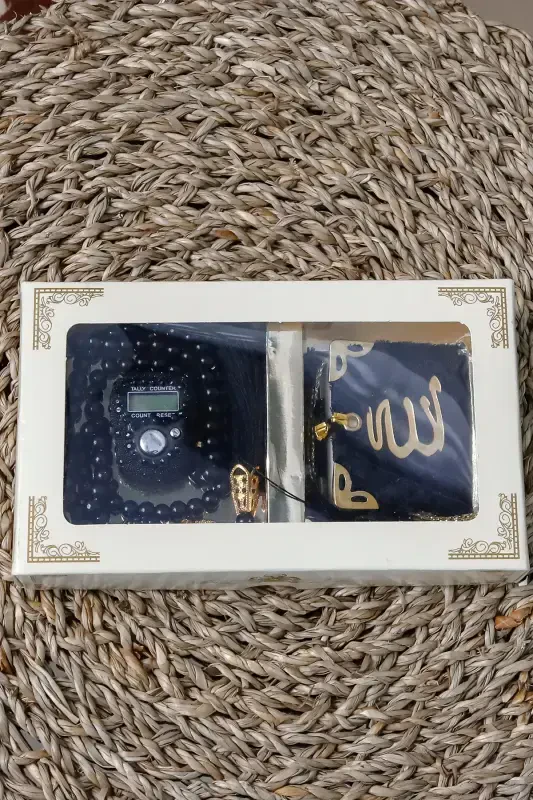 10 dona - Toshli Zikrmatik TasbiModazoneatik Baxmal bilan qoplangan Mini Qur'on 99 dona Marvarid Tasbih to'plami-Qora - 5