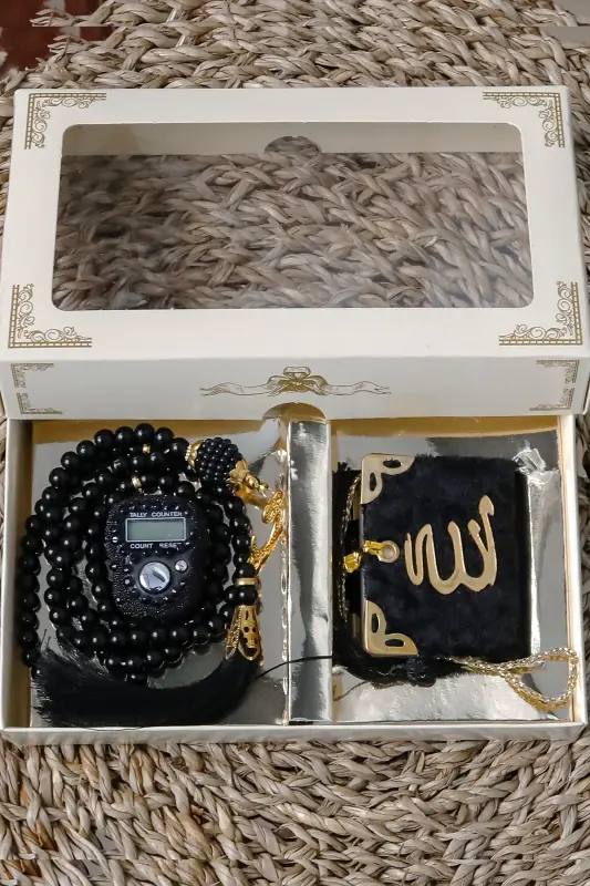 10 dona - Toshli Zikrmatik TasbiModazoneatik Baxmal bilan qoplangan Mini Qur'on 99 dona Marvarid Tasbih to'plami-Qora - 3