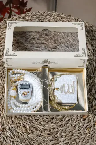 10 dona - Toshli Zikrmatik TasbiModazoneatik Baxmal bilan qoplangan Mini Qur'on 99talik Marvarid Tasbeh to'plami - Oq - HAC UMRE HEDIYELIK (1)