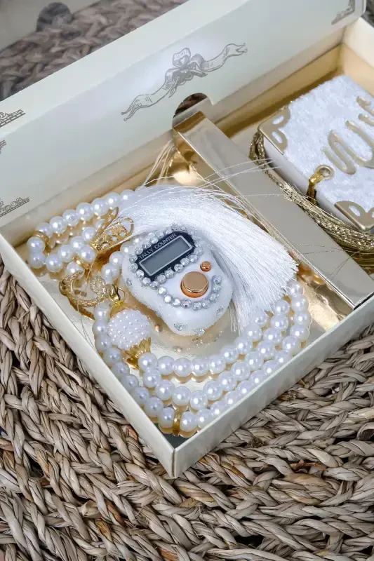 10 dona - Toshli Zikrmatik TasbiModazoneatik Baxmal bilan qoplangan Mini Qur'on 99talik Marvarid Tasbeh to'plami - Oq - 4