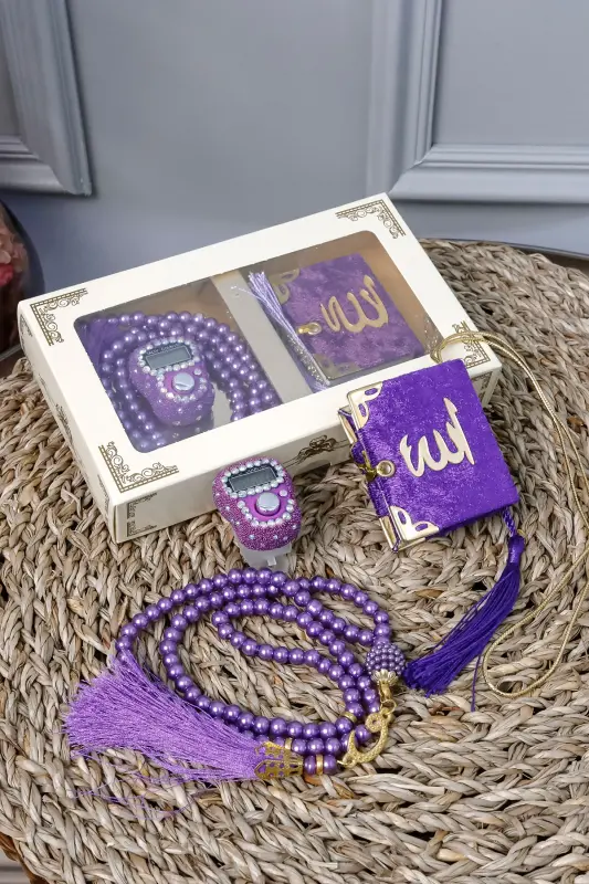 10 Donak Toshli Zikrimat Tesbeh Modazoneatik Kadife Qoplangan Mini Qur'on 99 lik Marvarid Tesbeh To'plami - Binafsha - 1