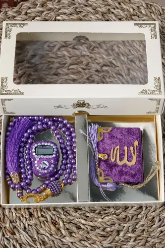 10 Donak Toshli Zikrimat Tesbeh Modazoneatik Kadife Qoplangan Mini Qur'on 99 lik Marvarid Tesbeh To'plami - Binafsha - 3