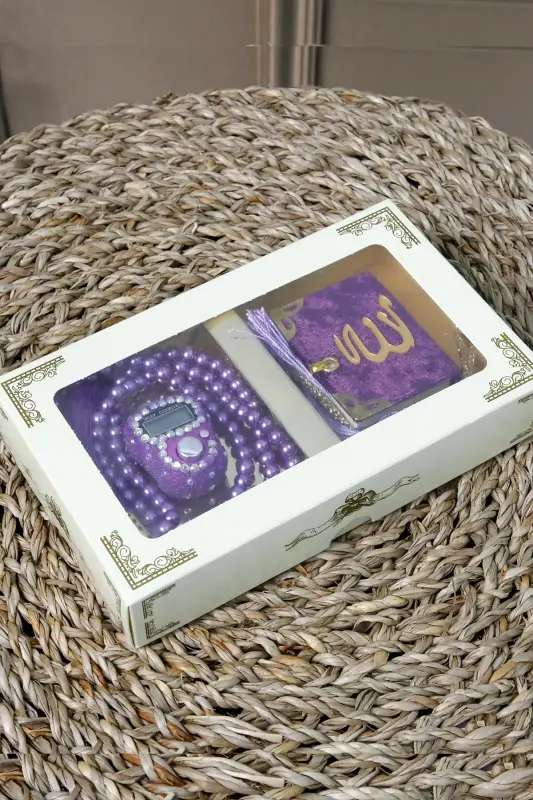 10 Donak Toshli Zikrimat Tesbeh Modazoneatik Kadife Qoplangan Mini Qur'on 99 lik Marvarid Tesbeh To'plami - Binafsha - 5