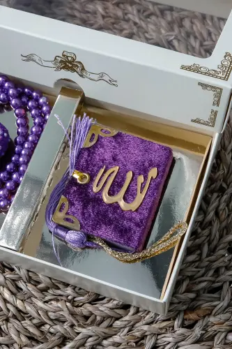10 Donak Toshli Zikrimat Tesbeh Modazoneatik Kadife Qoplangan Mini Qur'on 99 lik Marvarid Tesbeh To'plami - Binafsha - 7