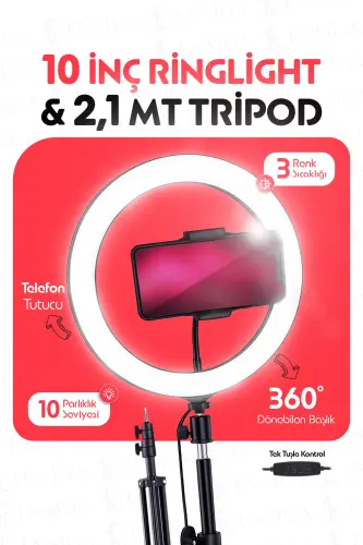 10 dyuymli halqa chiroq 120 Led Influencer Youtuber Tiktok telefon ushlagichi Makiyaj chirog'i 2.1 Mt Tripod-QORA 