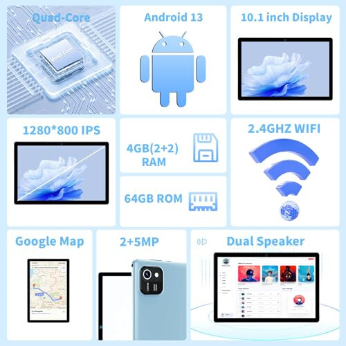 10 dyuymli Planshet, Android 13 Planshetlari, 6GB RAM 64GB ROM 512GB Kengaytiriladigan, To'rt Yadroli Protsessor, 1280x800 IPS HD Teginish Ekrani, GPS, Wi-Fi, Ikkita Kamera, Bluetooth, 6000mAh Batareya (Moviy) - 3