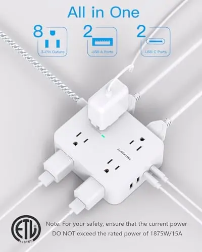 10 Ft Surge Protector Power Strip, HANYCONY Extension Cord with 8 AC Outlets 4 USB (2 USB C) Ports, Flat Plug, Wall Mount Desk USB Charging Station for Home - 1