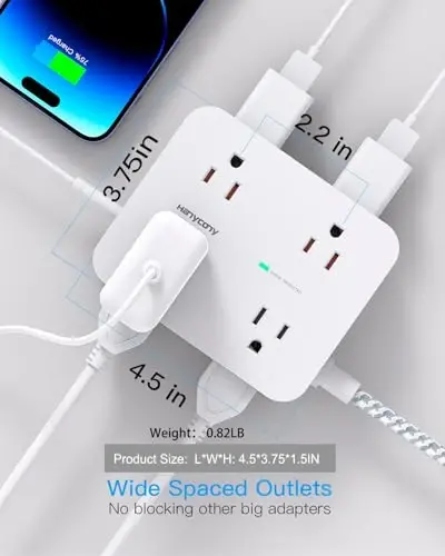 10 Ft Surge Protector Power Strip, HANYCONY Extension Cord with 8 AC Outlets 4 USB (2 USB C) Ports, Flat Plug, Wall Mount Desk USB Charging Station for Home - 2