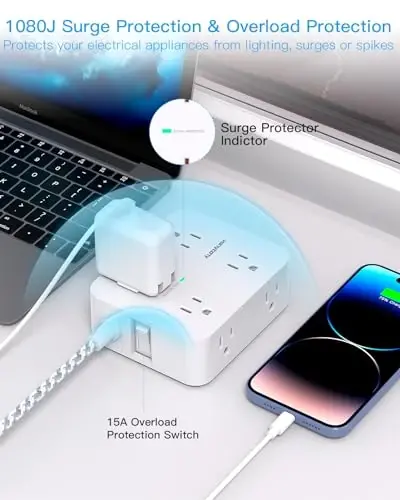 10 Ft Surge Protector Power Strip, HANYCONY Extension Cord with 8 AC Outlets 4 USB (2 USB C) Ports, Flat Plug, Wall Mount Desk USB Charging Station for Home - 4