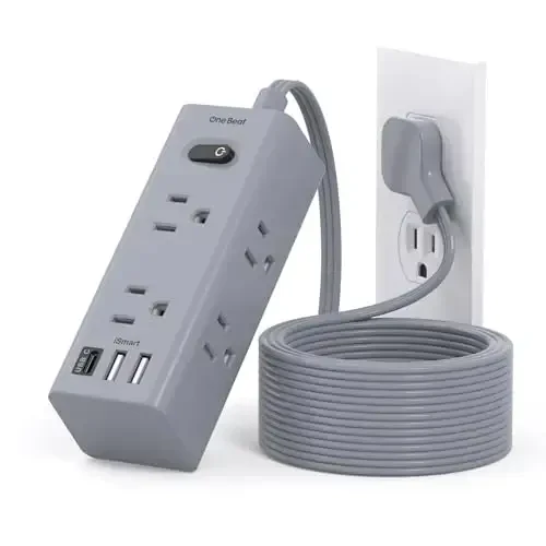 10Ft Extension Cord with Multiple Outlets, Flat Plug Power Strip Surge Protector with 10 Ft Long Cord, 6 Outlet 3 USB Ports (1 USB C), Multi Outlet Wall Plug for Travel, Dorm Room Essentials-Grey - 1
