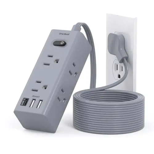 10 Ft Çoklu Prizli Uzatma Kablosu, Düz Fişli Akım Korumalı Güç Şeridi, 10 Ft Uzun Kablolu, 6 Prizli 3 USB Portlu (1 USB C), Seyahat, Yurt Odası Gereçleri için Çoklu Priz-Gri 