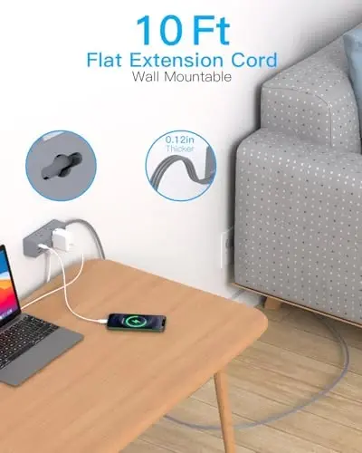 10 Ft Çoklu Prizli Uzatma Kablosu, Düz Fişli Akım Korumalı Güç Şeridi, 10 Ft Uzun Kablolu, 6 Prizli 3 USB Portlu (1 USB C), Seyahat, Yurt Odası Gereçleri için Çoklu Priz-Gri - ONE BEAT (1)