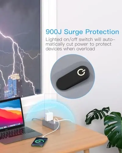 10 Ft Çoklu Prizli Uzatma Kablosu, Düz Fişli Akım Korumalı Güç Şeridi, 10 Ft Uzun Kablolu, 6 Prizli 3 USB Portlu (1 USB C), Seyahat, Yurt Odası Gereçleri için Çoklu Priz-Gri - 3