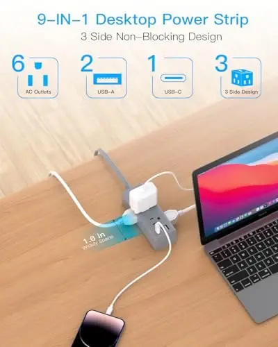 10 Ft Çoklu Prizli Uzatma Kablosu, Düz Fişli Akım Korumalı Güç Şeridi, 10 Ft Uzun Kablolu, 6 Prizli 3 USB Portlu (1 USB C), Seyahat, Yurt Odası Gereçleri için Çoklu Priz-Gri - 4